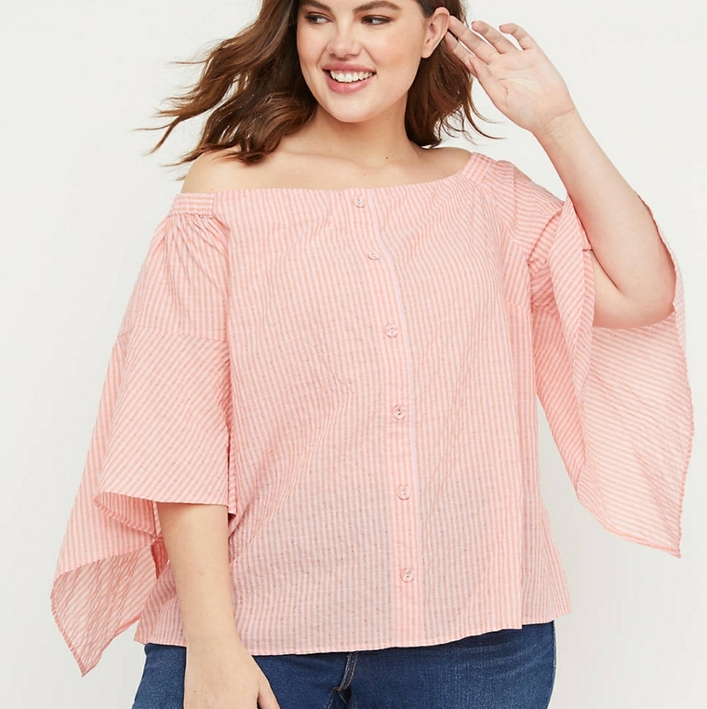 Lane Bryant Top Plus Size 22/24 Seersucker Bell Sleeve Pink Summer Cute Shirt 3X